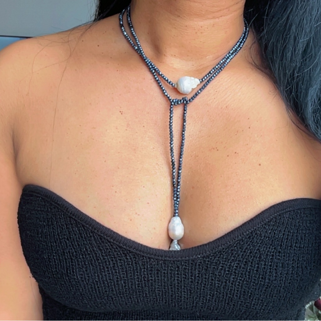 3 Baroque Navy Beaded Necklace With Pearls